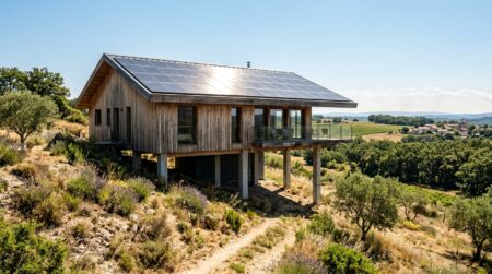 Maison en bois sur pilotis avec toit solaire