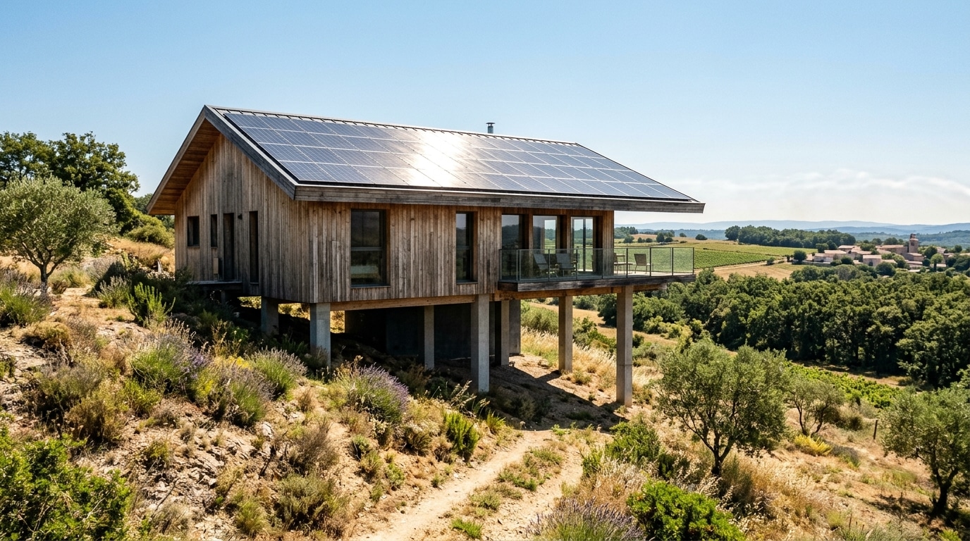 Maison en bois sur pilotis avec toit solaire