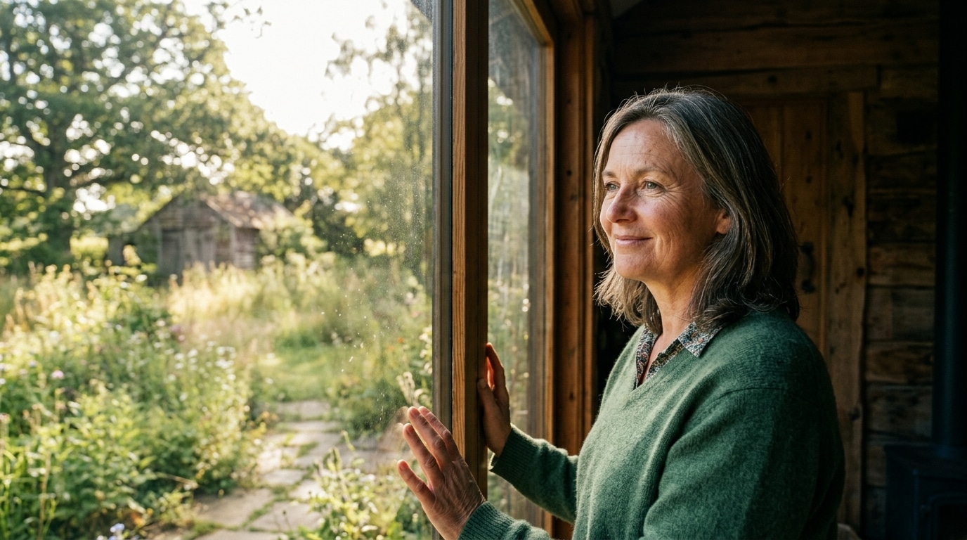 Personne regardant jardin ensoleillé depuis intérieur frais