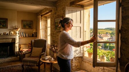 Femme fermant les volets clairs tôt le matin