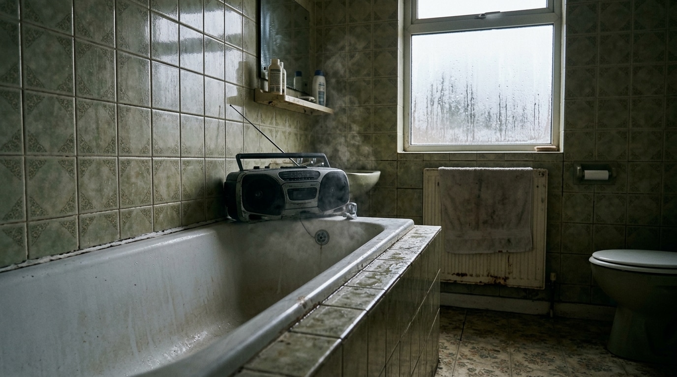 Baignoire vintage avec radio posée sur le rebord