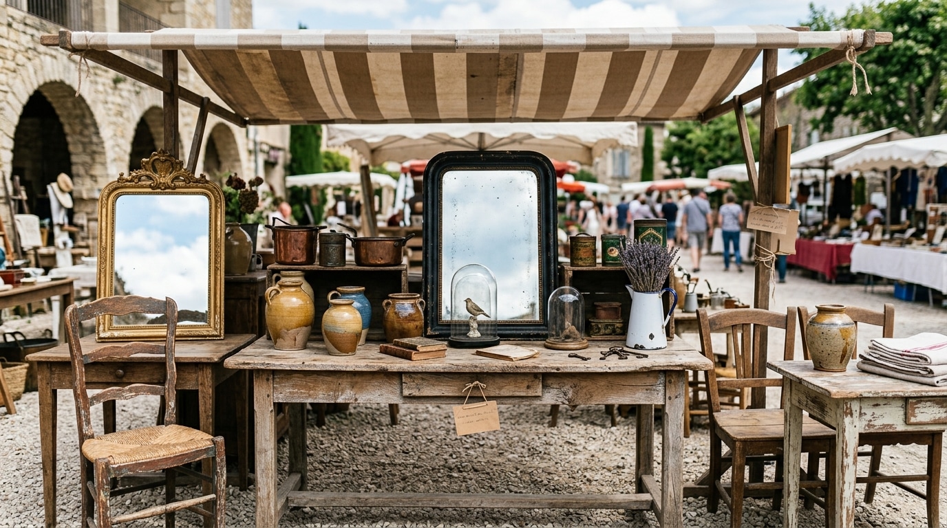 Étal de brocante avec meubles anciens et objets vintage en Provence