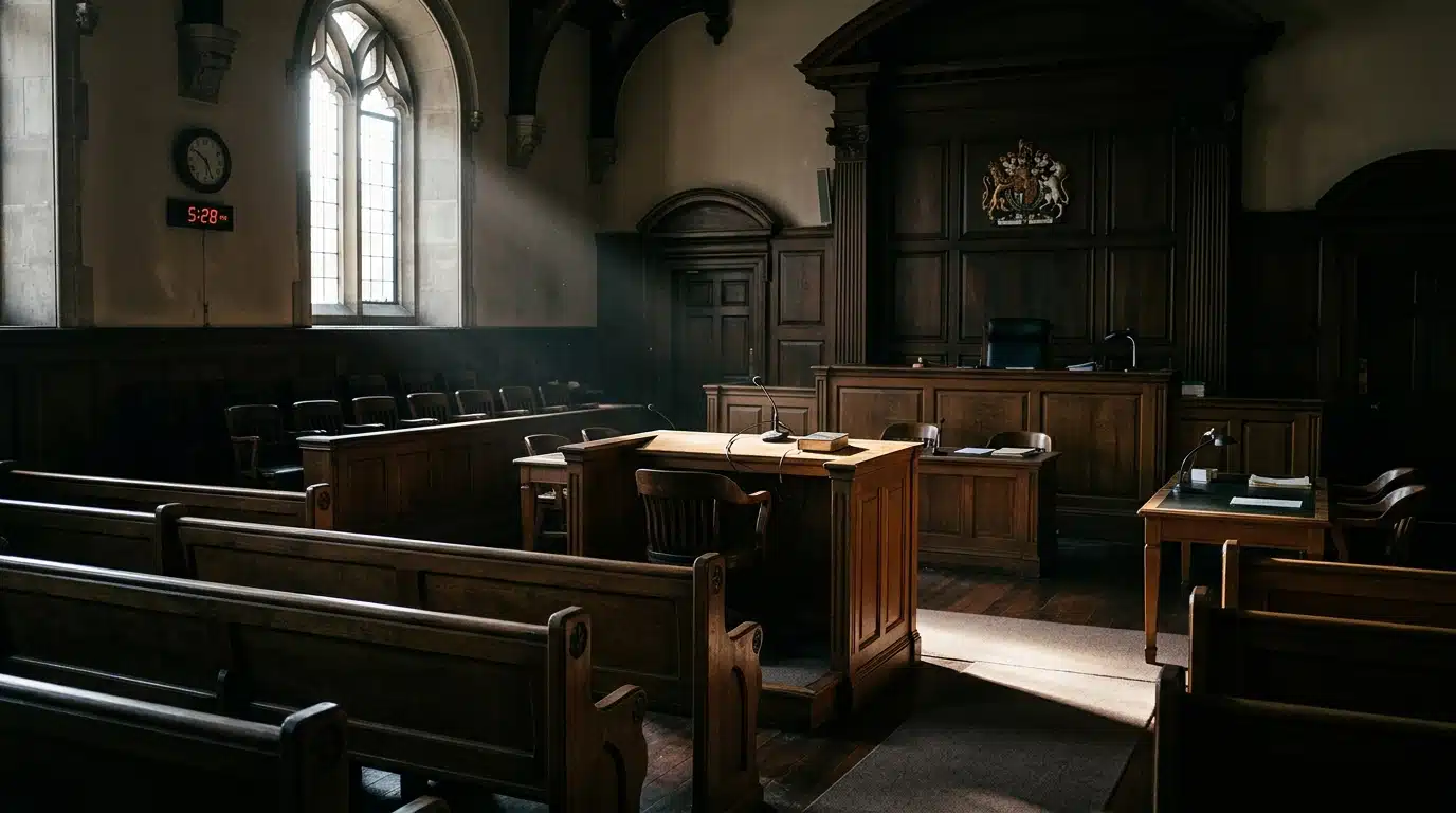 Salle d'audience vide avec bancs en bois et box des témoins sous un éclairage dramatique