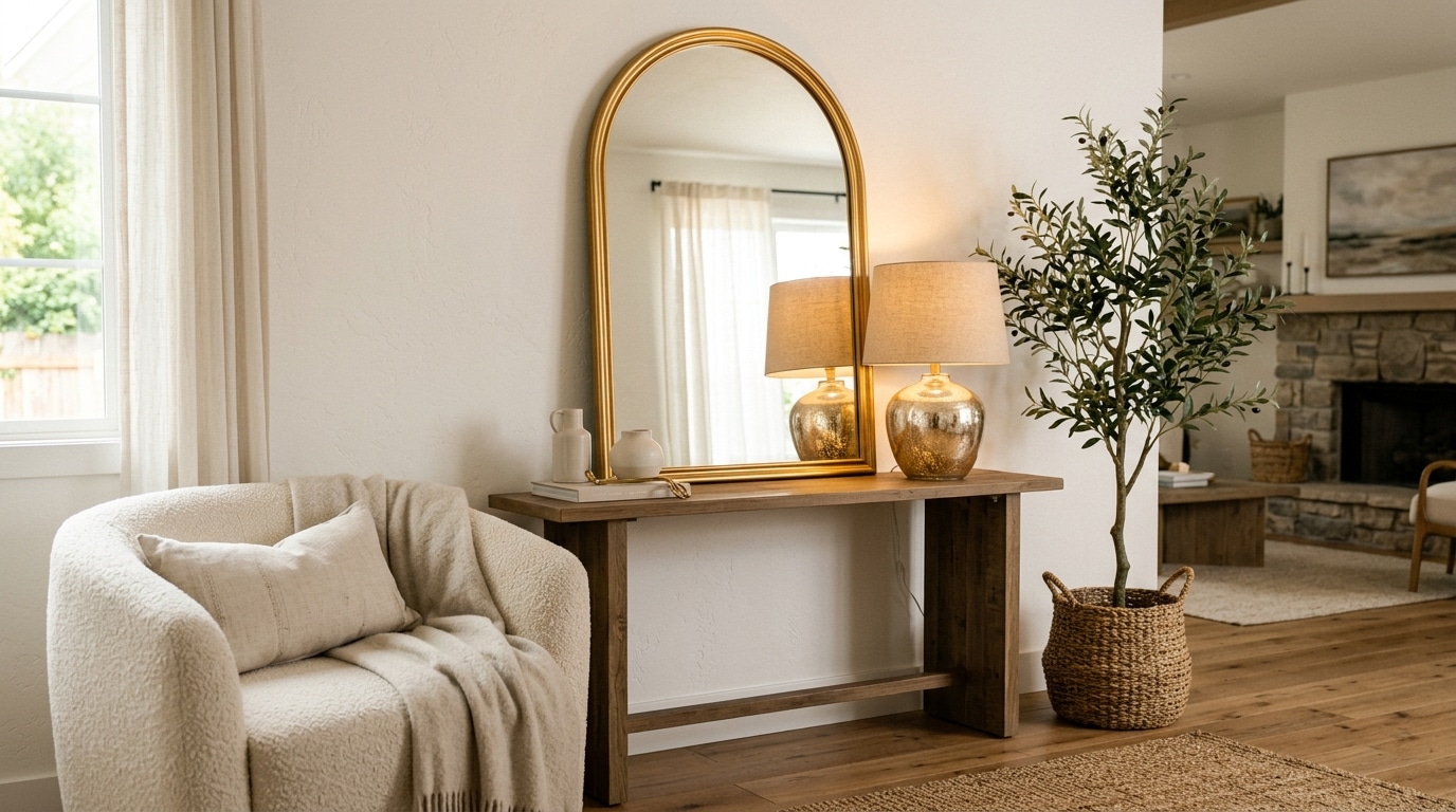 Miroir arche doré et lampe en verre mercure dans un salon