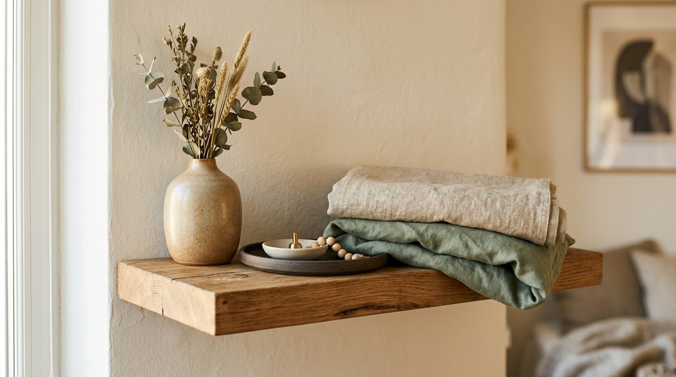 Étagère murale en bois avec vase en céramique et coussins