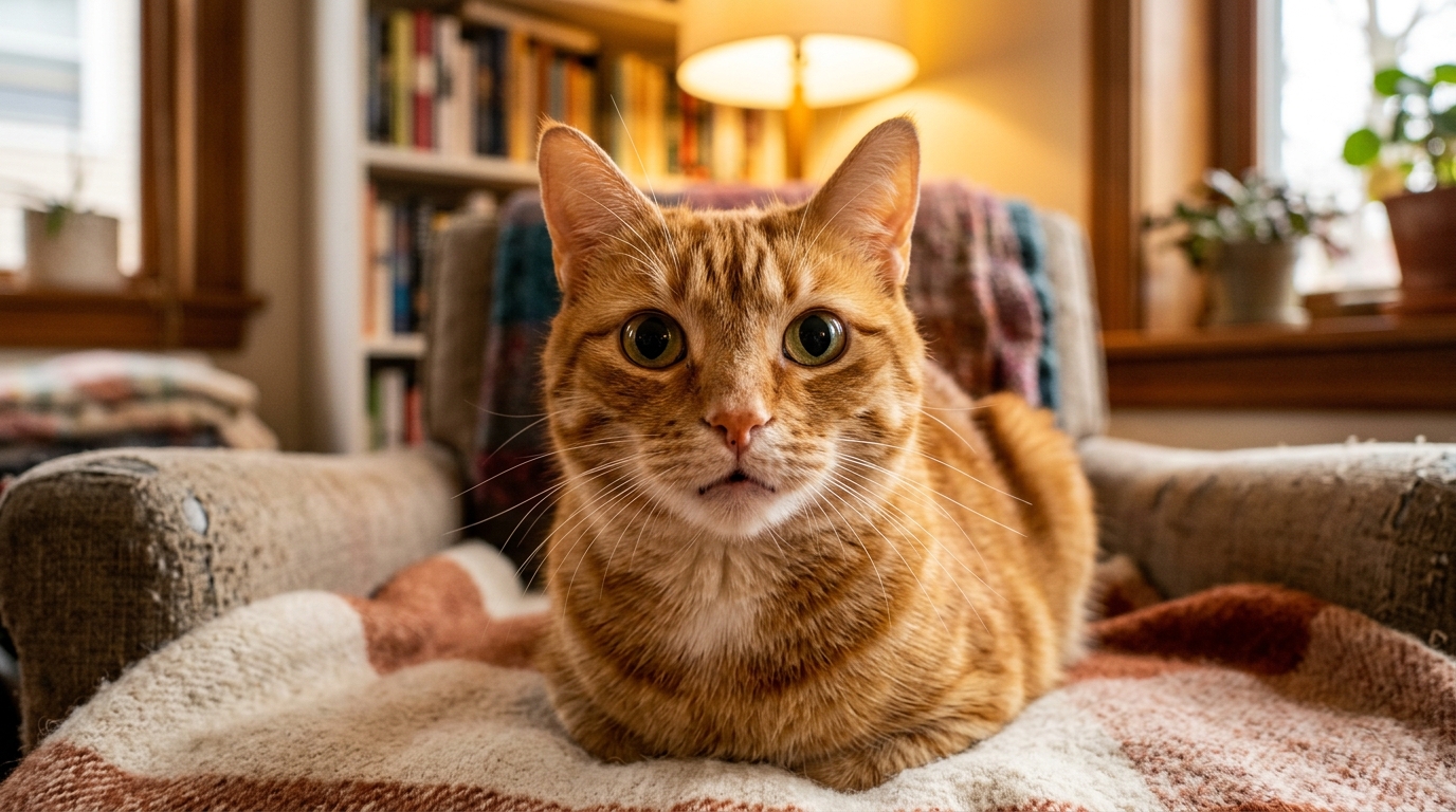Chat aux yeux dilatés qui fixe la caméra
