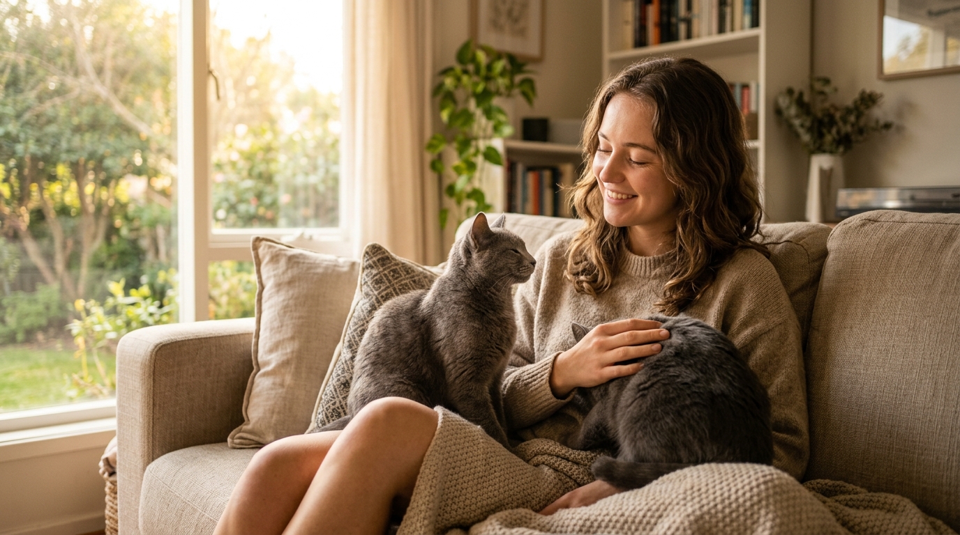 Femme et chat échangeant un clignement lent complice