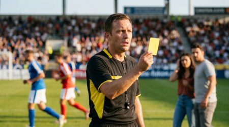 Arbitre brandissant un carton jaune sur le terrain