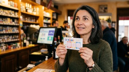 Personne tenant un ticket de loto dans un bureau de tabac