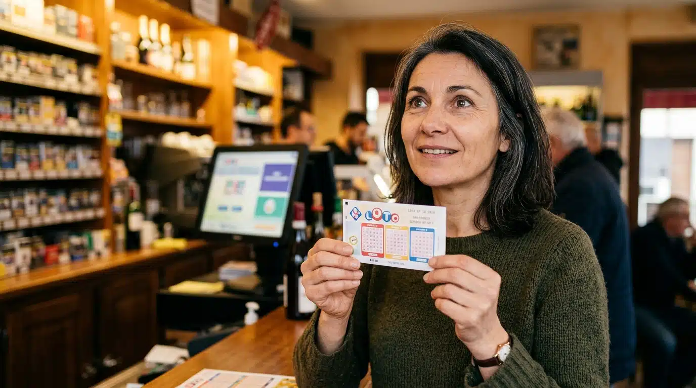 Personne tenant un ticket de loto dans un bureau de tabac