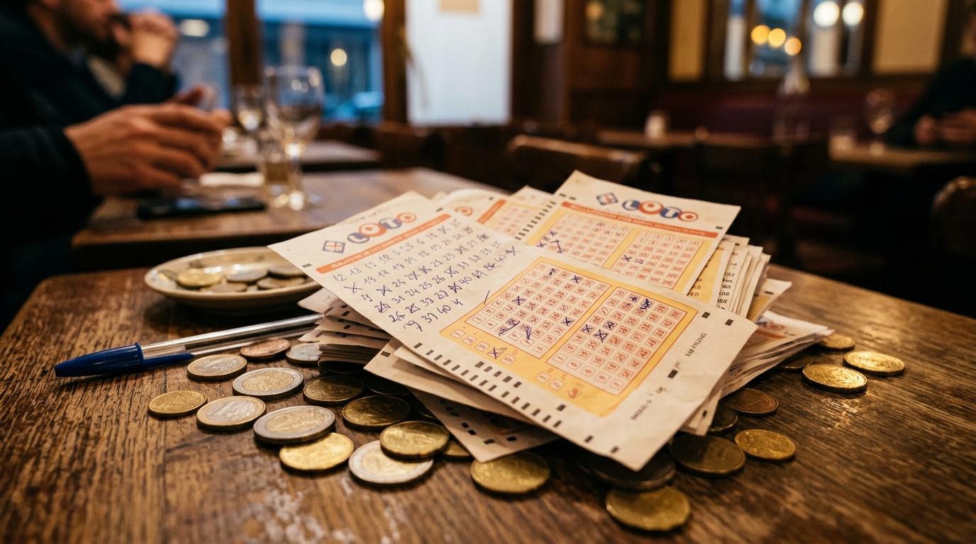 Grilles de loto et pièces posées sur une table