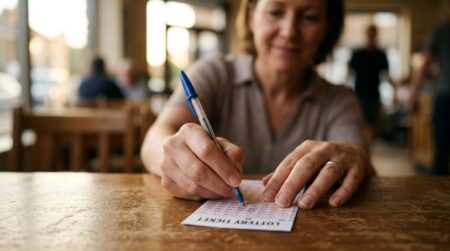 Mains tenant un ticket de loto avec stylo