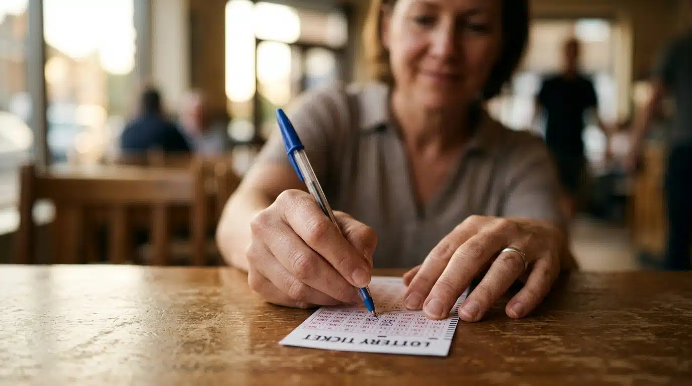 Mains tenant un ticket de loto avec stylo