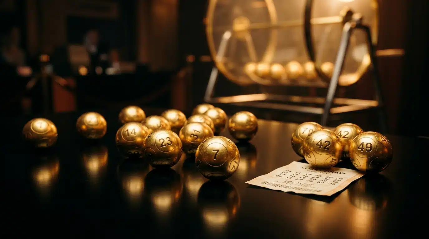 Boules de loto dorées éparpillées sur surface sombre