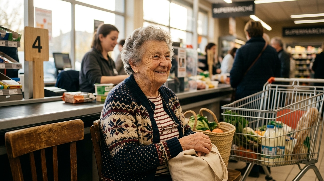 Ancienne caissière souriante près d'une caisse de supermarché