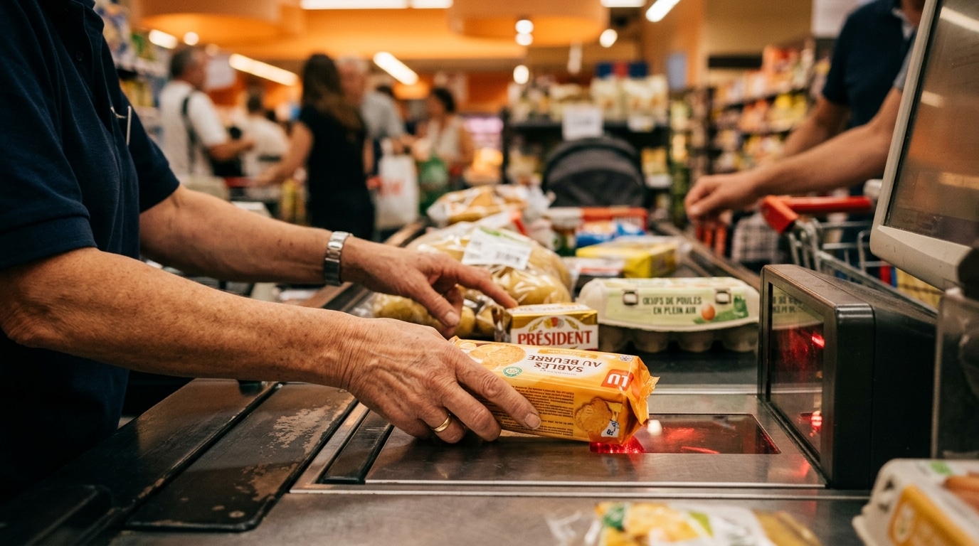 Mains scannant des articles à une caisse de supermarché