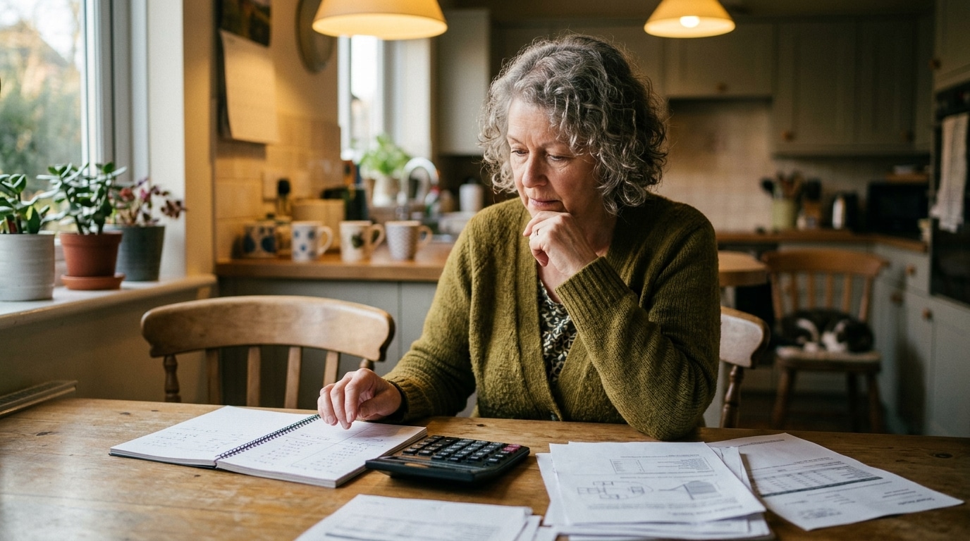 Retraitée consultant ses documents de pension à table