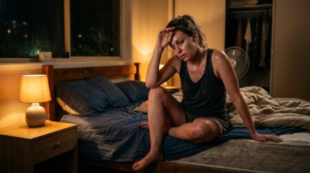 Femme fatiguée assise sur son lit en pleine chaleur nocturne