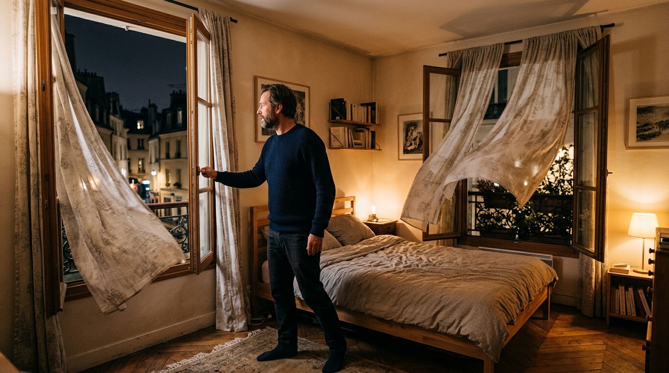 Fenêtres ouvertes créant un courant d'air traversant la nuit