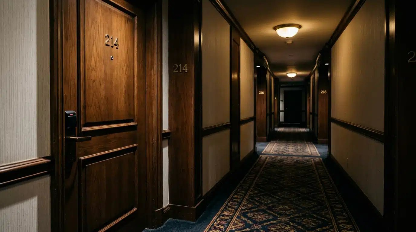Couloir d'hôtel désert avec porte de chambre fermée