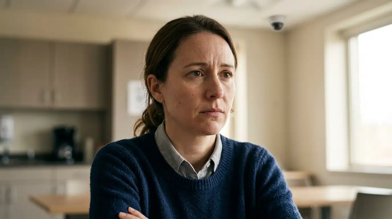 Femme mal à l'aise dans une salle de pause au bureau