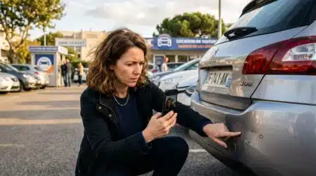 Femme inspectant une rayure sur un pare-chocs de location