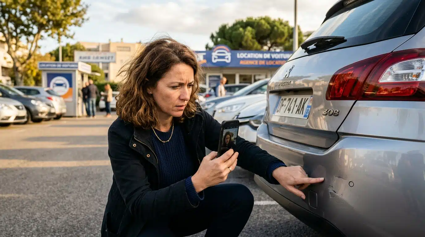 Femme inspectant une rayure sur un pare-chocs de location