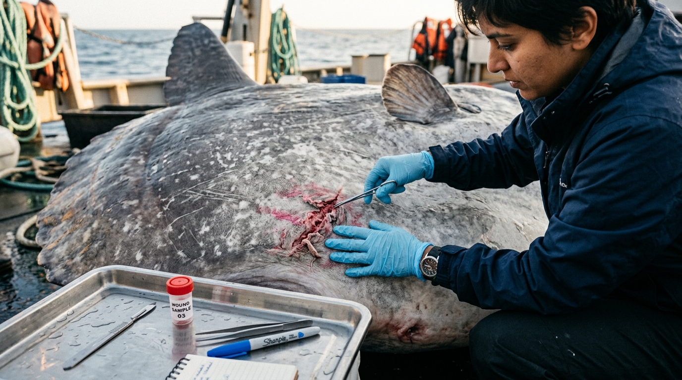 Gros plan sur la blessure du poisson-lune examinée