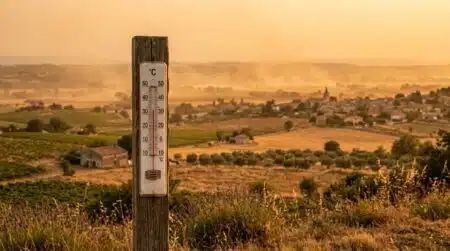 Thermomètre affichant 35°C sous un ciel de canicule