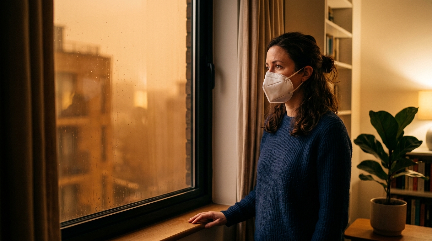 Personne portant un masque FFP2 près d'une fenêtre fermée