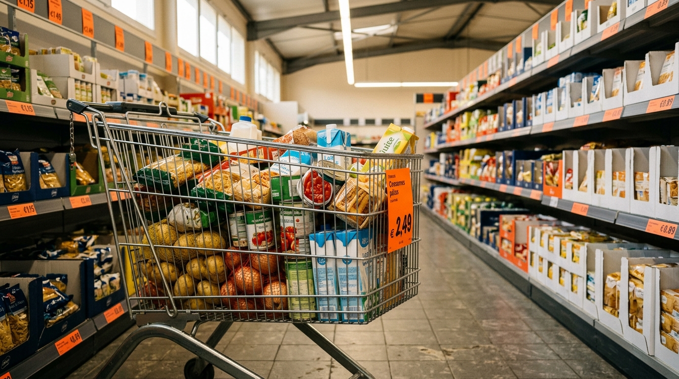 Chariot de courses dans un supermarché discount