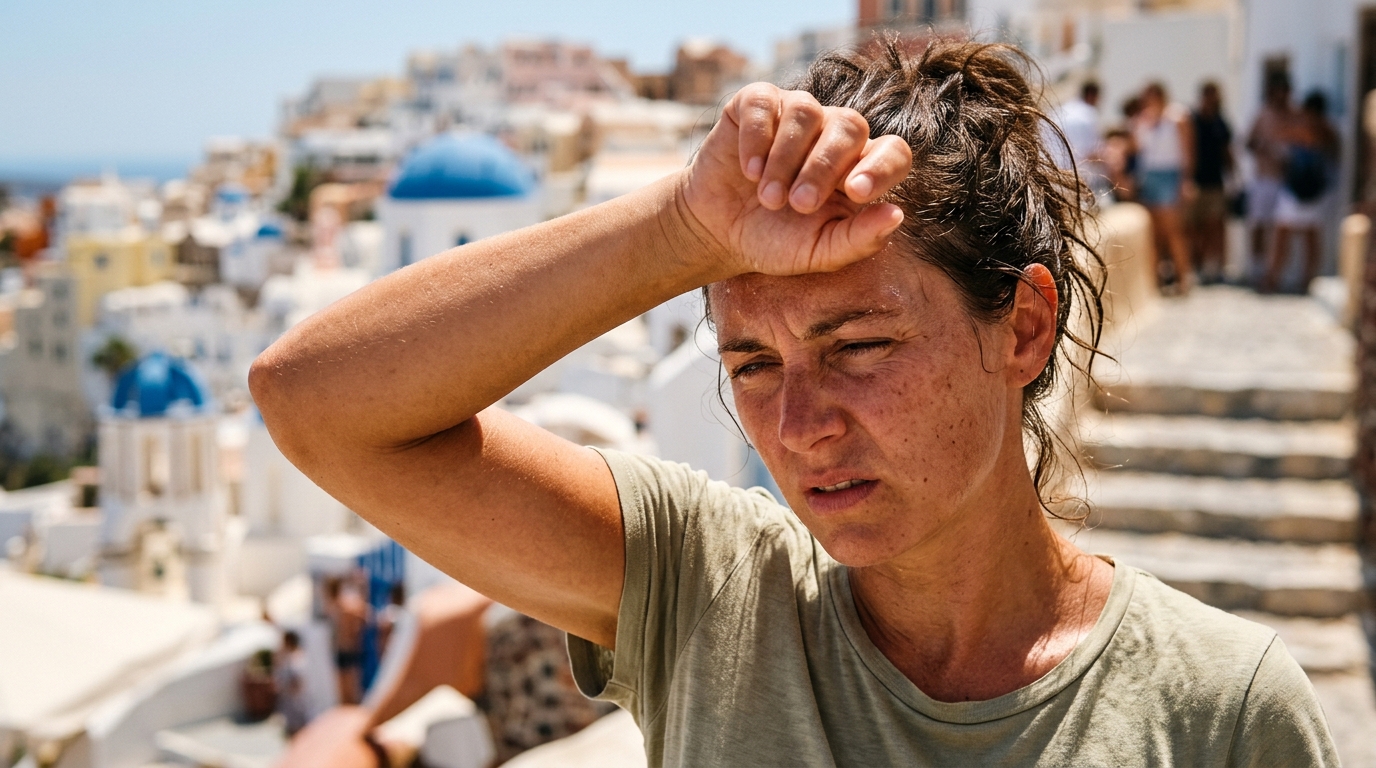 Personne s'essuyant le front sous un soleil intense