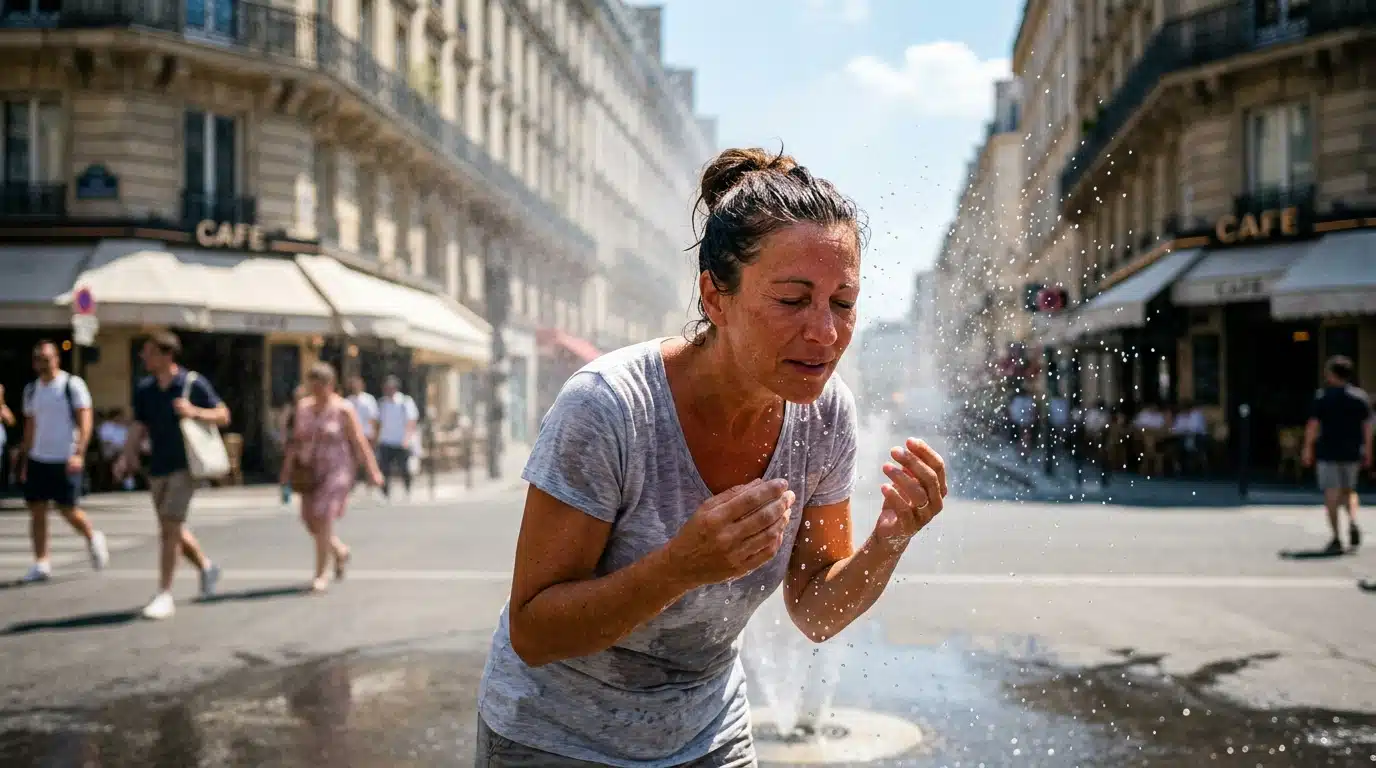 Passants se rafraîchissant sous des brumisateurs en pleine canicule