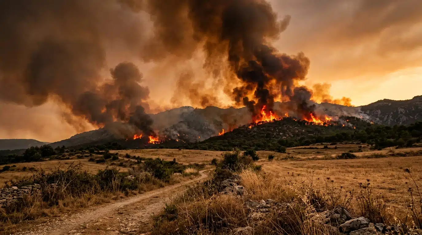 Incendie de forêt et fumée sur colline sèche en été