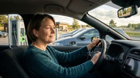Conducteur souriant à une borne de recharge électrique