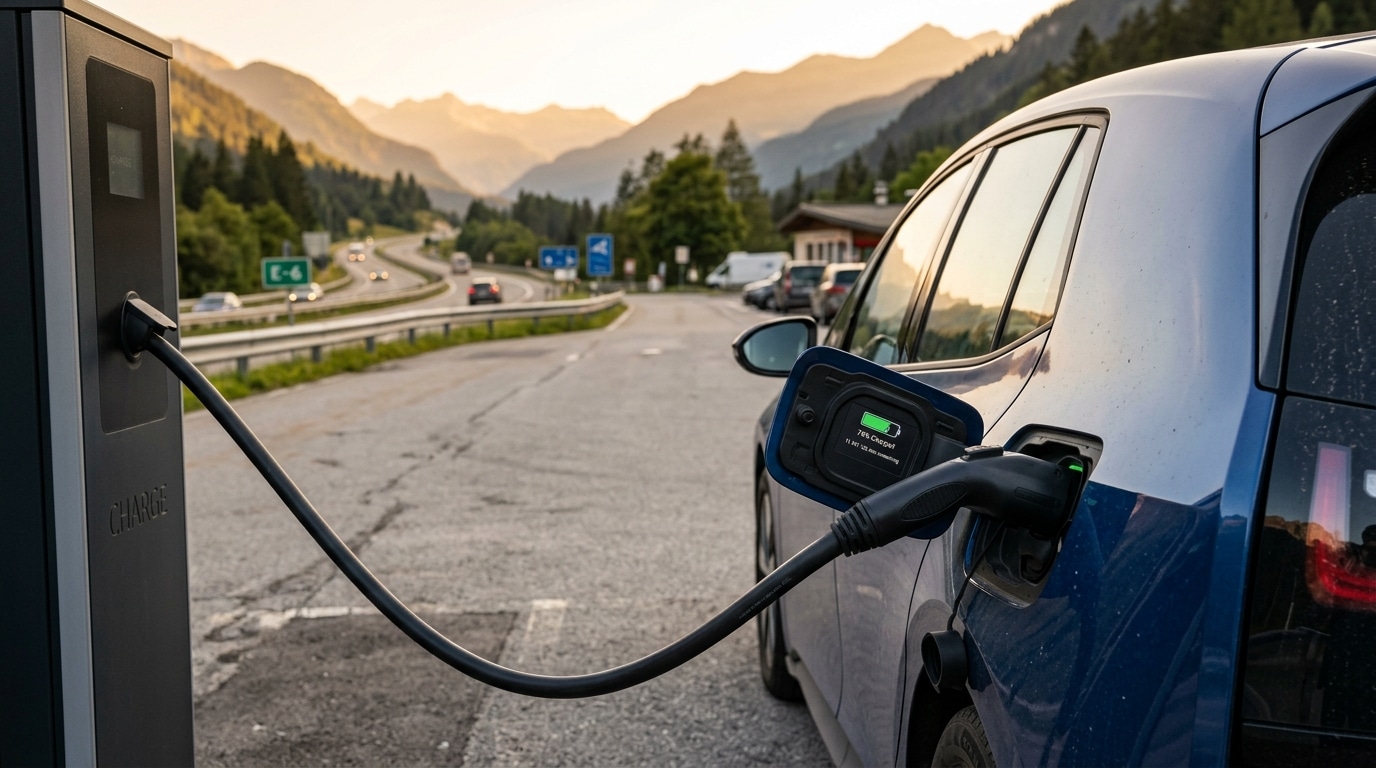 Câble de recharge branché sur une voiture électrique en aire d'autoroute