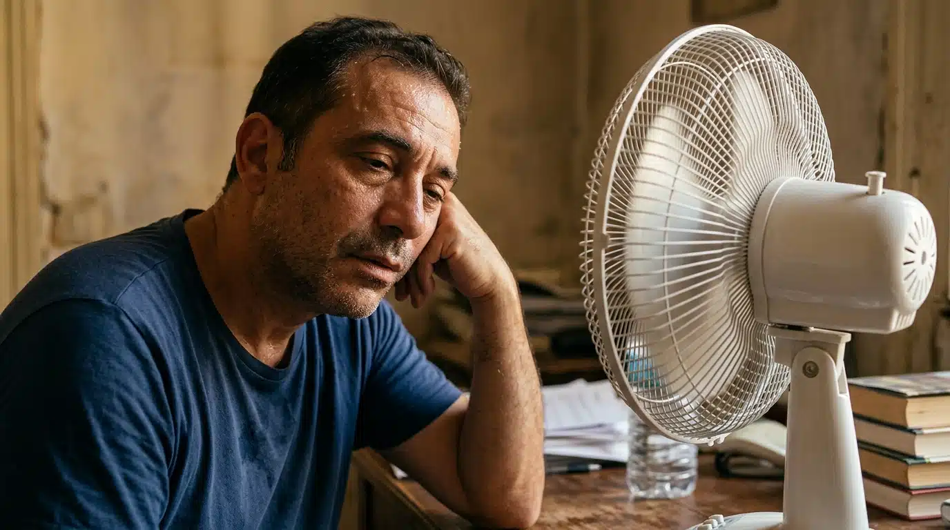 Personne épuisée par la chaleur devant un ventilateur