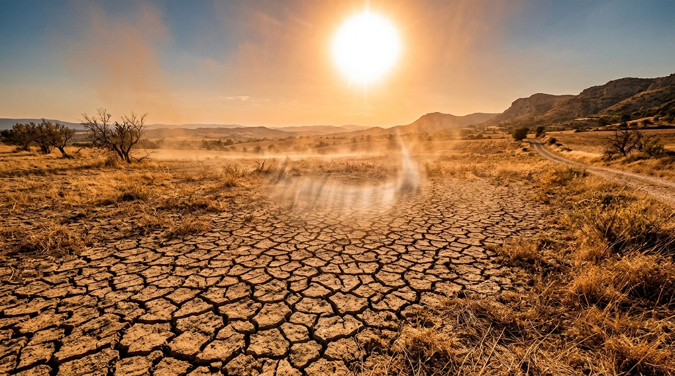 Champ desséché sous un soleil écrasant dans le sud