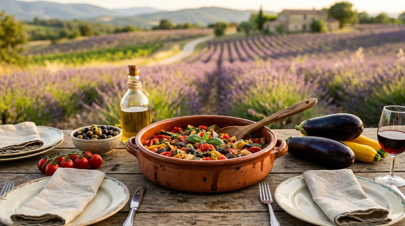 Ratatouille et légumes du soleil sur table provençale