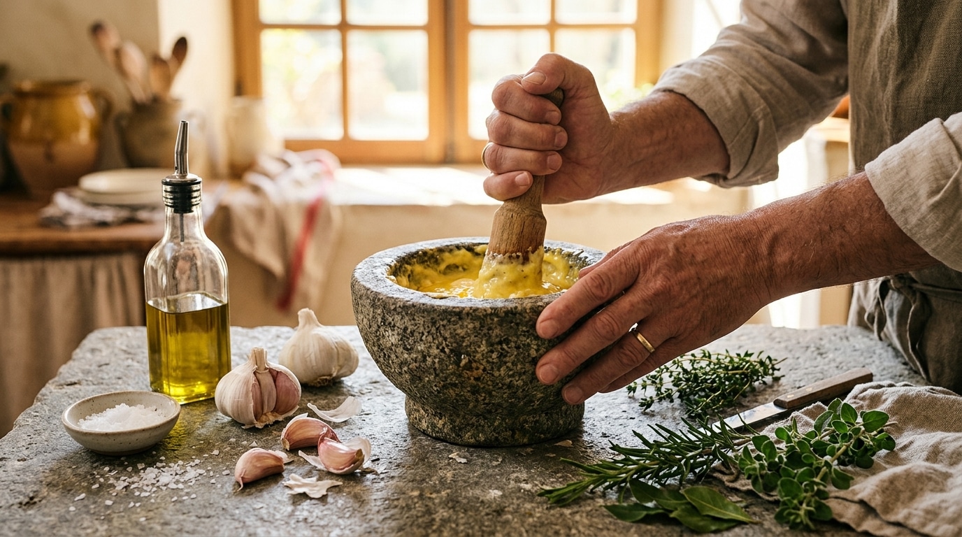 Préparation d'un aïoli traditionnel au mortier