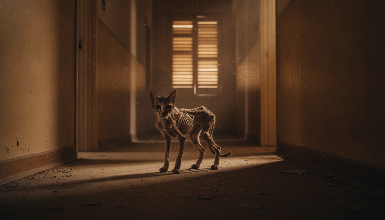 Chat amaigri dans un appartement sombre et vide