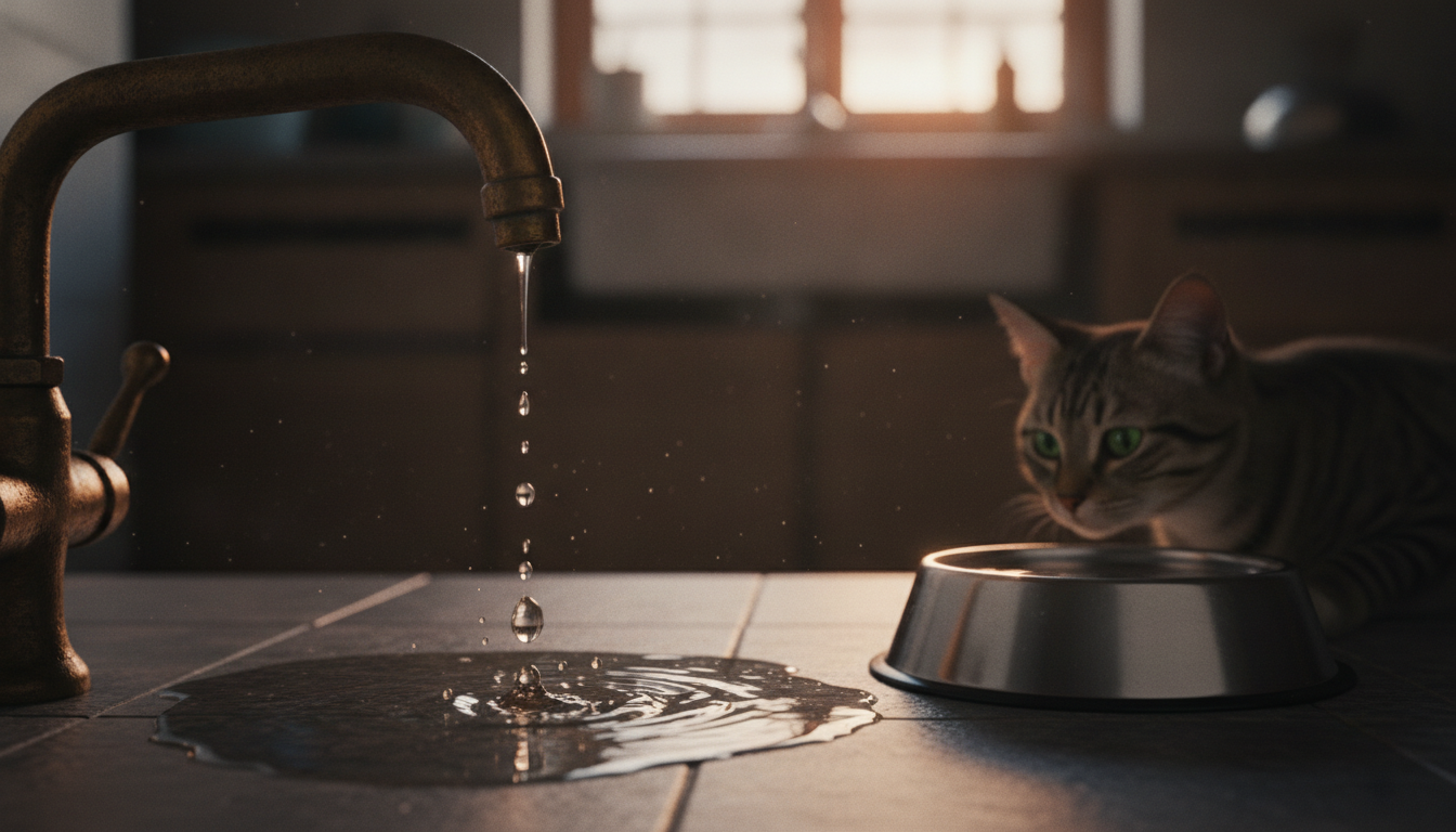 Robinet qui goutte dans une cuisine avec gamelle de chat