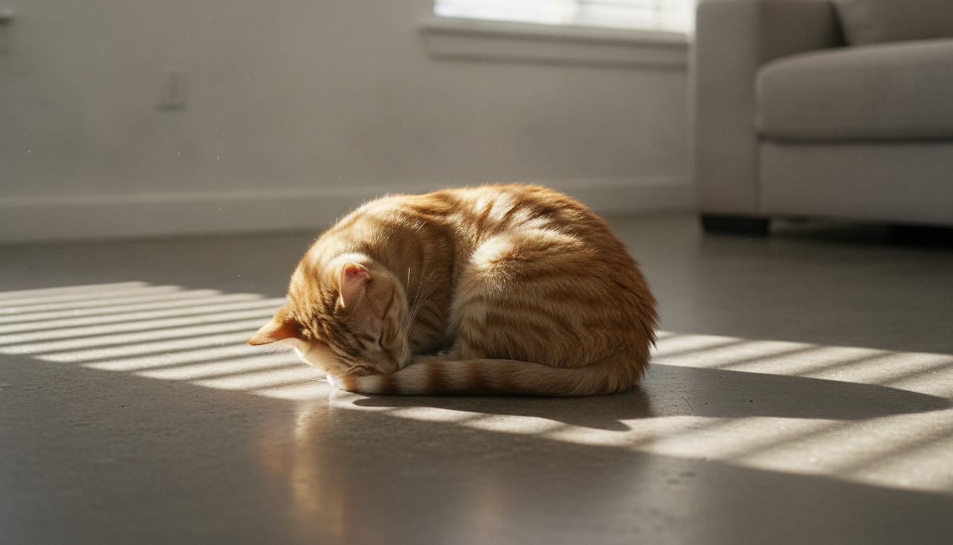 Chat endormi en boule sur le sol dans un rayon de lumière