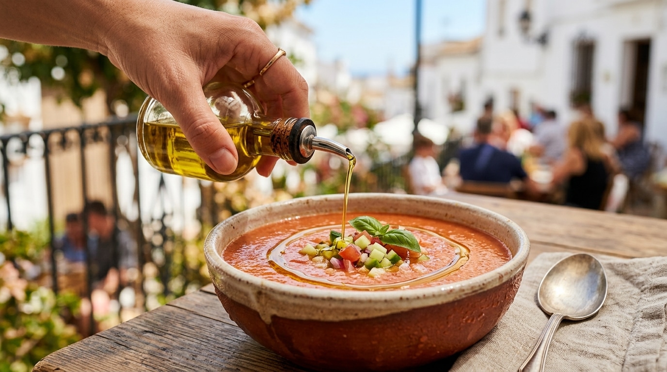Bol de gaspacho froid garni d'herbes fraîches