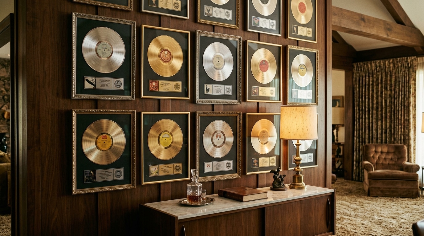 Disques d'or et trophées accrochés aux murs d'un intérieur de manoir années 70, ambiance vintage