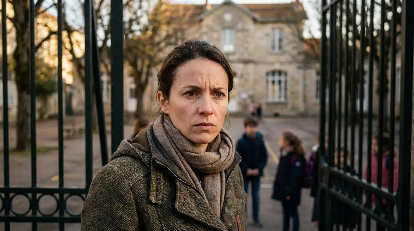 Visage inquiet d'une mère devant une grille d'école
