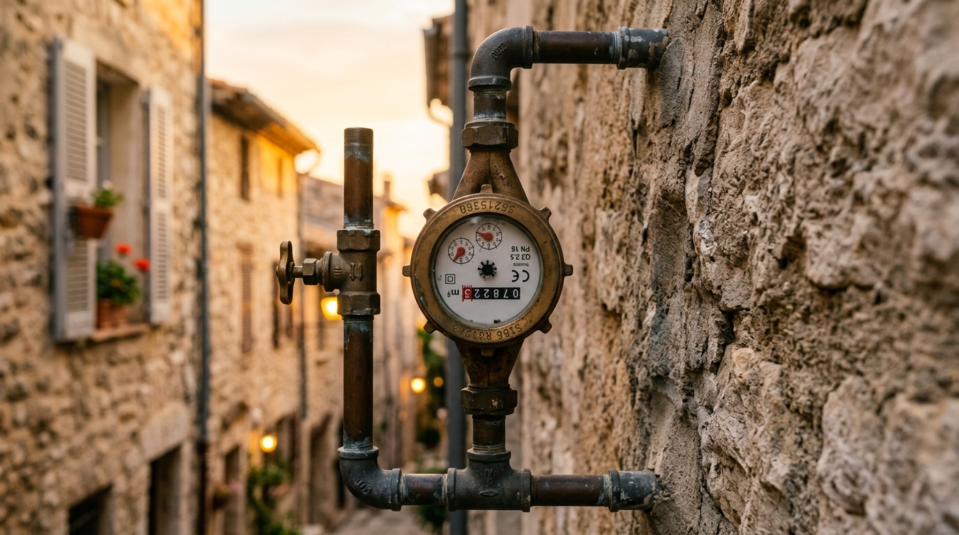 Compteur d'eau installé à l'envers sur un mur