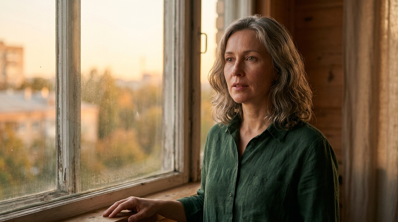 Personne au regard confiant devant une fenêtre à l'aube
