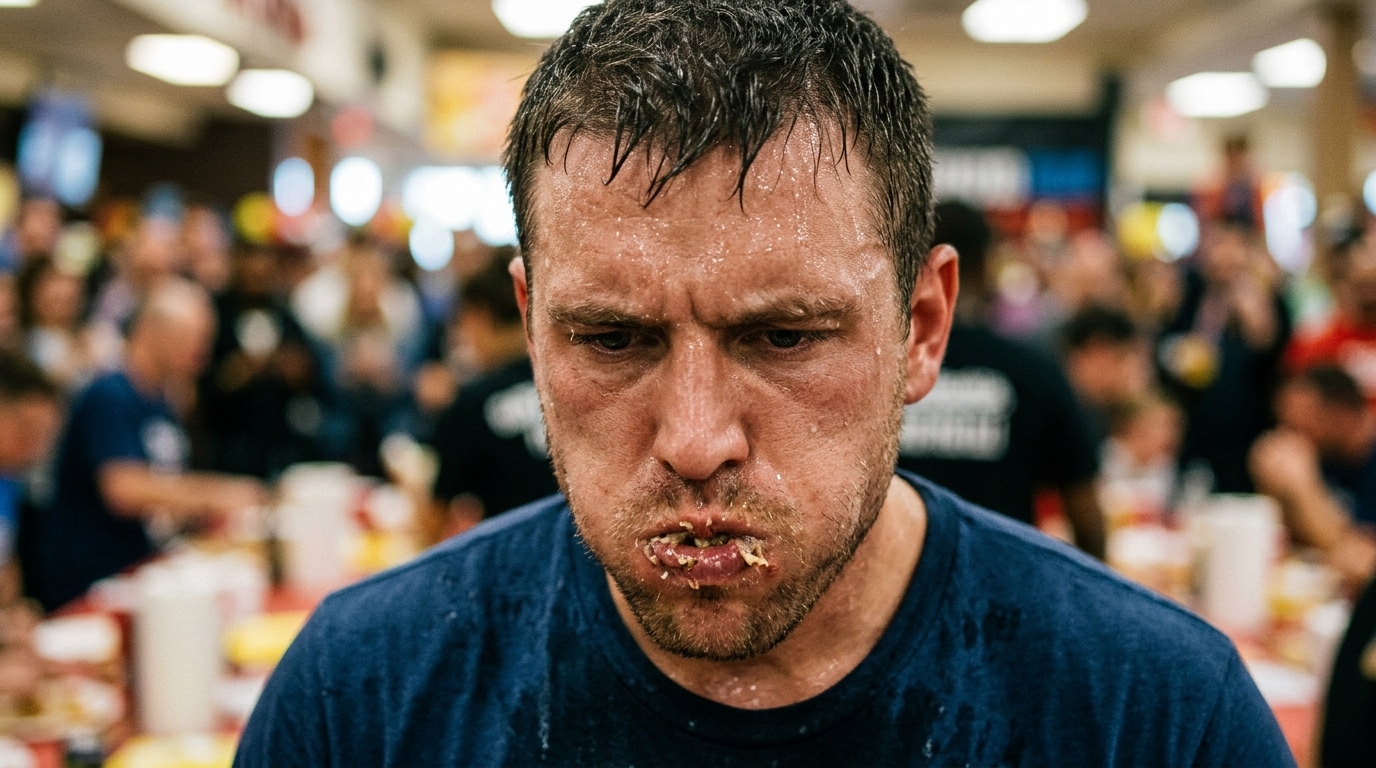 Visage concentré d'un mangeur de hot-dogs en pleine compétition