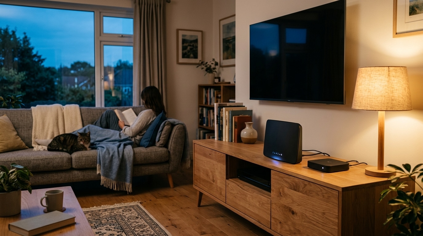 Box internet et routeur allumés dans un salon